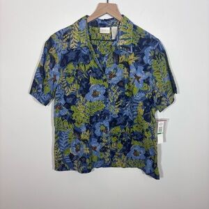 Erika Navy & Green Floral Eyelet Button Front Short Sleeve Collared Blouse Large